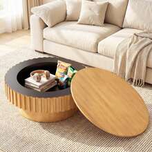 Round Coffee Table With Storage, Wooden Drum Coffee Table With Hidden Compartment - Natural - View 5