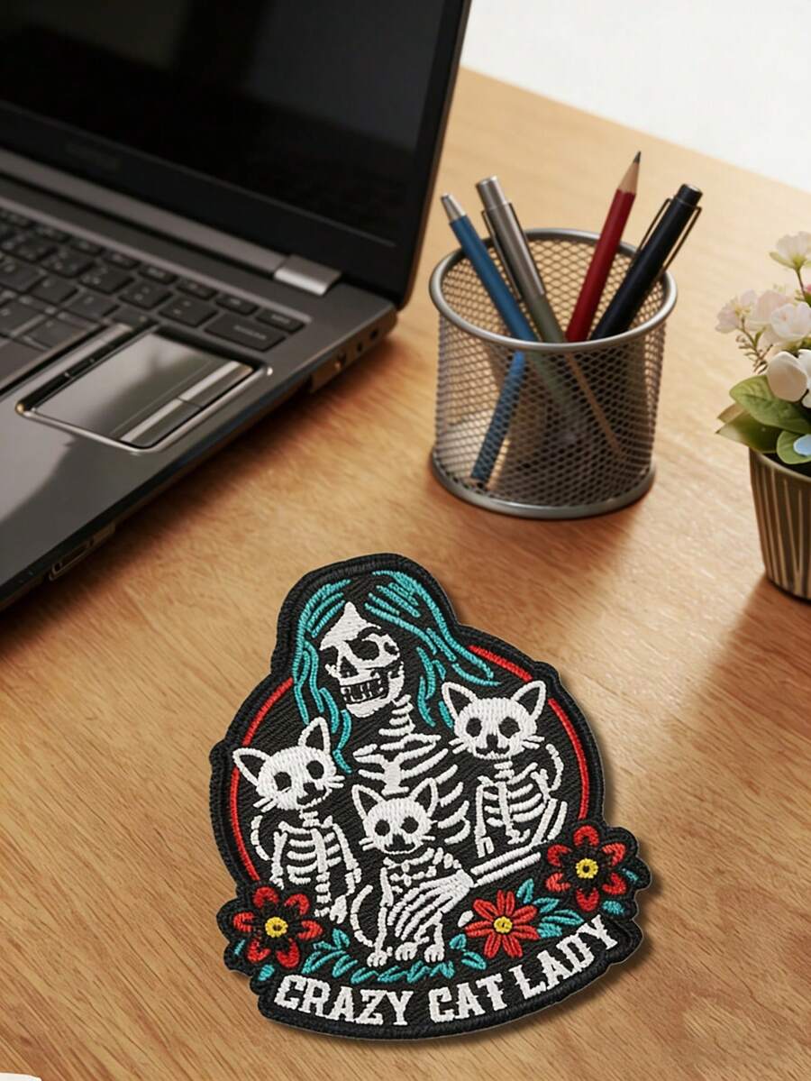 1pc Gothic Alien Embroidered Patch, Skull Lady & Skeleton Cat Design, Crazy Cat Gothic Punk Style Skull, Iron-On Embroidery Patch Suitable For Clothes, Jackets, Hats