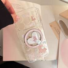 GUCADI Transparent Magnetic Pink Rabbit & Deer + Gold-Plated Deer Heart-Shaped Magnetic Stand Phone Case, Compatible With IPhone 17 Pro Max, 16, 13, 15, 17. Transparent Gold-Plated Magnetic Stand, Painting Style, Original Design, Girly, Creative, Geometric, Cartoon Style, Cute, Fresh, Niche, Ins Style. - Clear - View 2