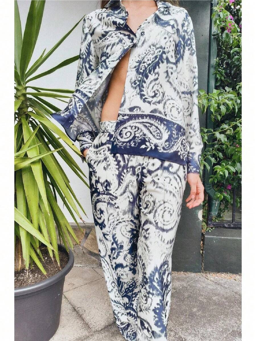 Women's 2-Piece Set, Floral Print Button-Down Shirt Paired With Casual Pants, Casual Style Outfit Spring - Blue and White - View 1