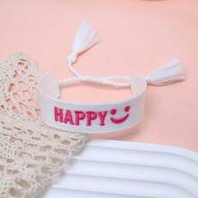 1件手工“HAPPY”笑脸编织手链，复古简约可爱派对礼物，波西米亚风假日旅行配饰 - 白色 - 查看 7