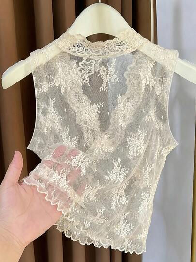 French Style Layered Lace Camisole For Women, New V-Neck Mesh Strap Vest With Fake Collar, Suitable For Spring And Autumn Casual Summer