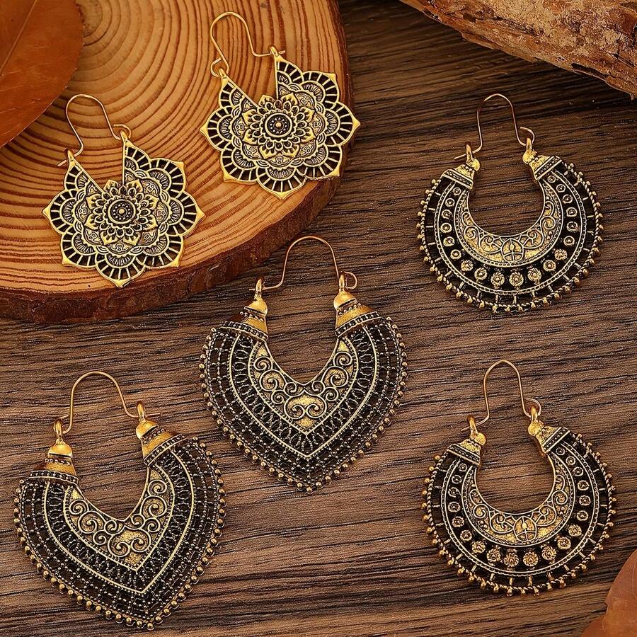 3/4 Pairs Of Fashionable New Vintage Distressed Western-Style Bohemian Hollow Floral Geometric Line Earring Sets Suitable For Women's Daily Wear - 金黃色2 - 查看 1