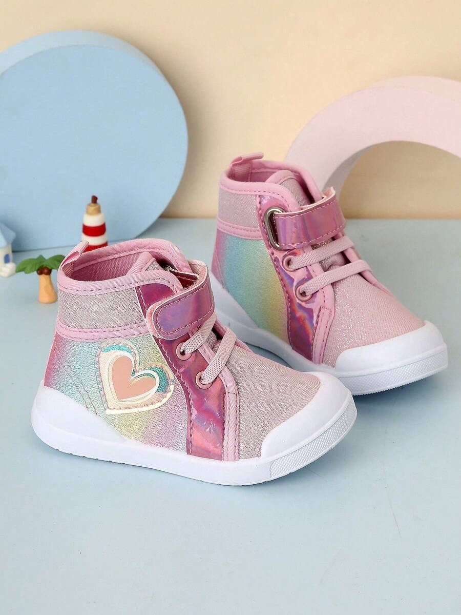 1双女童高帮公主鞋，2026春秋新款儿童爱心帆布鞋，柔软防滑幼儿休闲鞋 - 粉色 - 查看 1