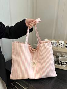 Túi tote vải canvas sọc dung tích lớn mới 2026 cho nữ, túi đeo vai sọc phong cách retro trang trí nhãn vải, cấu trúc canvas nhẹ thoáng khí với thiết kế miệng rộng, phù hợp đựng laptop, sách, mỹ phẩm, đồ dùng hàng ngày, lý tưởng cho đi làm, đi học, du lịch cuối tuần - Hồng - Xem 8