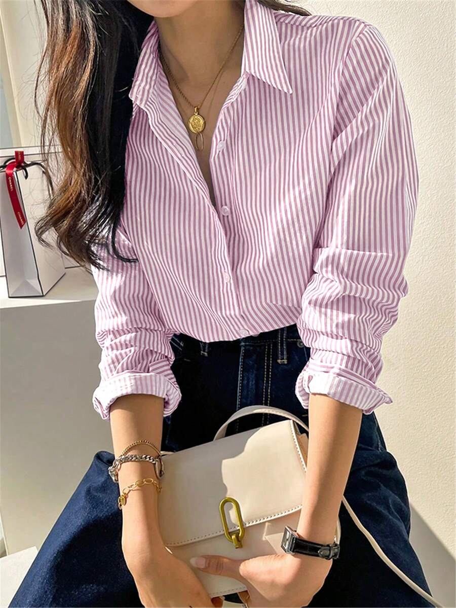 可愛長袖粉色條紋鈕扣襯衫,時尚休閒優雅女裝上衣,適合春季/夏季,假期/情人節 - 粉色 - 查看 1