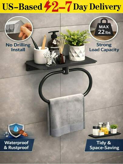 [Entrega en 2-7 días en los Estados Unidos] Estantería de baño negra moderna montada en la pared 2 en 1 con soporte para toallas, ahorro de espacio sin necesidad de taladrar, durable, resistente al agua y al óxido, organizador de metal multifuncional para el hogar, compacto para baño, cocina, inodoro, estantería de pared, soporte para toallas, artículos de tocador, champú, productos de cuidado de la piel, accesorios, diseño minimalista, fácil de instalar, soporta mucho peso, estantería organizadora de baño para espacios pequeños, uso en apartamentos, estantería de almacenamiento montada en la pared