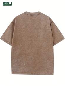 Hellstars Metal Texture Star Print Vintage Washed T-Shirt Double Sided Printed (230g 100% Cotton T-Shirt),Spring Clothes, Men's Tops, Casual And Comfortable, Fashionable T-Shirt, Unisex Style - Mocha Brown - View 2