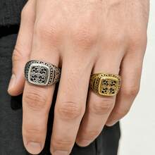 1枚复古花卉十字架哥特嘻哈风316L不锈钢戒指，18K镀金，经久耐用，防水防褪色，适合日常休闲佩戴、服装搭配和主题活动。 - 抹黑花紋十字架男士戒指 - 查看 5