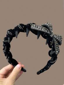 1pc Black Bowknot Headband With Rhinestones, Elegant And Fashionable Hair Hoop - Black - View 2