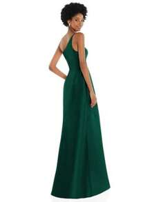 Modern One-Shoulder Dark Green Satin Maxi Dress With Ruffle Hem For Women, Formal Asymmetrical Bridesmaid Gown, Ideal For Wedding Guest, Prom, Cocktail Party, Spring & Summer Ceremonies, Luxurious Satin Fabric, One-Shoulder Neckline, Flowy Ruffle Hem, High Slit For Movement, Chic Contemporary Bridal Party Style, Comfortable Fit For Dancing - Verde - Ver 2