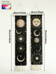 半幅手工编织流苏星空挂毯，波西米亚风格，日月星辰图案，黑色横幅，灵性占星装饰，唯美墙面艺术，适用于客厅、家居、卧室、房间、墙面、办公室、宿舍、冥想空间 - 彩色 - 查看 12