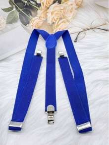 1pc Unisex Elastic Adjustable Suspenders With 3 Clips - Blue - View 3