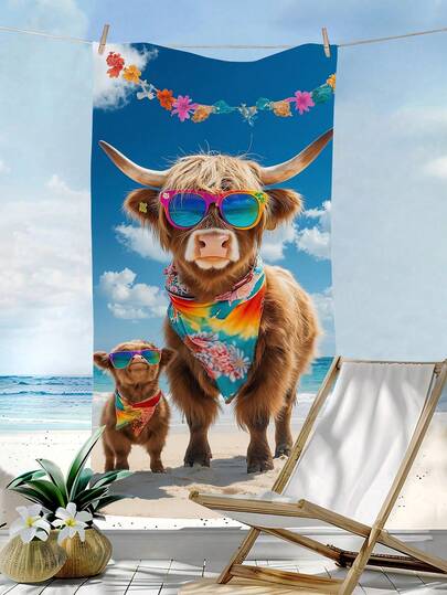 这款亲子沙滩巾采用“戴着时尚眼镜、佩戴花环的高地牛”图案设计，尺寸有大号和小号可选。它速干、柔软、便携且时尚；采用防沙且超强吸水的超细纤维材质。款式包括波西米亚风、热带风情、复古风、趣味风、瑜伽风和野餐风，并具有防紫外线功能。非常适合海滩、泳池和户外活动；是旅行必备品，也适合露营、瑜伽、健身、运动和游泳。男女皆宜。