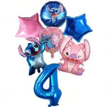 Stitch Themed Birthday Number Balloon Set, Includes Blue Number Foil Balloons And Angel Character Decorations, Suitable For Cartoon Party Celebrations, Friend Gatherings - Multicolor - View 7