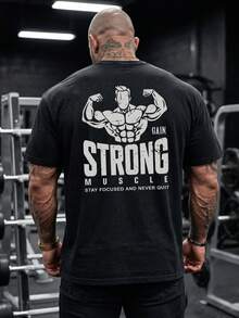 男士休闲肌肉男图案圆领短袖T恤，适合日常穿着、健身和运动，黑色夏季款 - 黑色 - 查看 4