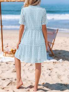 Women's Summer Dress V-Neck Hollow Eyelet Ruffle A-Line Hem Elegant Short Casual Wedding Graduation Travel Beach Holiday Vacation Light Blue Dresses For Women - 淺藍色 - 查看 3