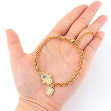 1pc Simple Classic Block Initial Eye Hamsa Hand Golden Stainless Steel Chain Bracelets For Women - Yellow Gold - View 3
