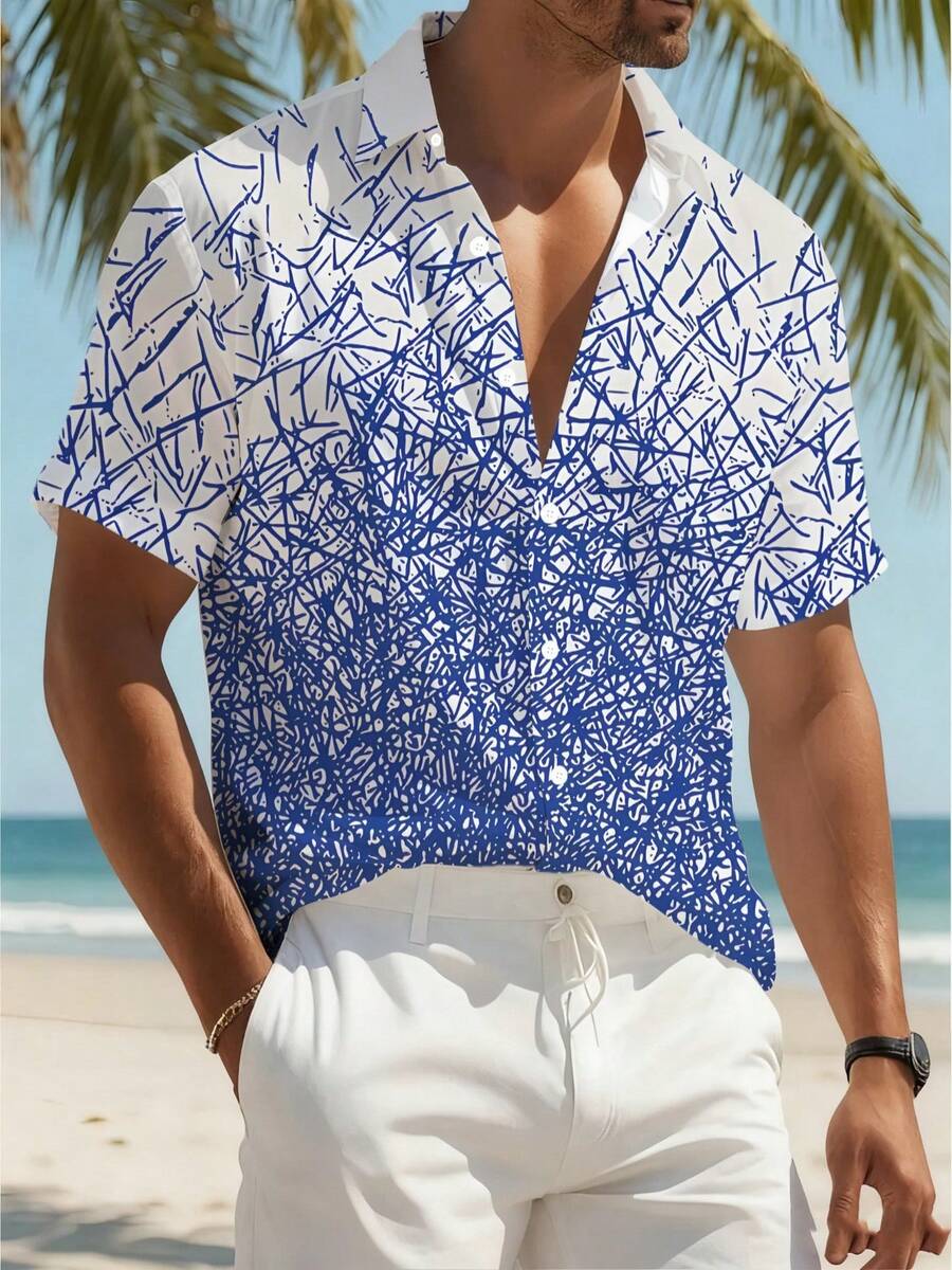 Blue Abstract Linear Pattern Symbolizing Freedom And Energy Harmoniously Fading From White To Deep Navy 3D Print Mens Short Sleeve Summer Beach Shirt - 白色 - 查看 1