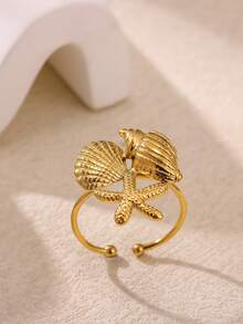 1pc Stainless Steel Gold-Plated Vacuum Electroplated Starfish & Shell Themed Vacation Style Ring, Suitable For Women - Multicolor - View 5