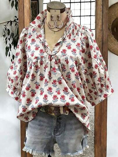 Second Introversion 女士春夏印花衬衫，荷叶边立领和泡泡袖设计，清新法式乡村风格，既青春又俏皮。