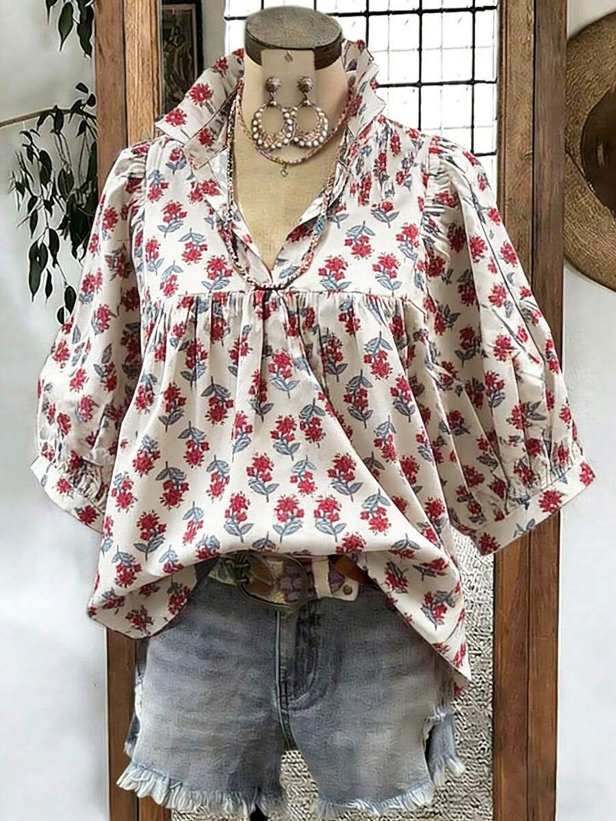 Second Introversion - Áo sơ mi nữ mùa xuân/hè in họa tiết hoa với cổ đứng xếp nếp và tay phồng - Thiết kế tươi mới theo phong cách đồng quê Pháp, vừa trẻ trung vừa tinh nghịch. - Đỏ và trắng - Xem 1