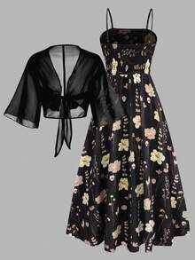 女士优雅向日葵印花雪纺连衣裙及外套两件套，优雅海滩度假装扮 - 黑色 - 查看 2