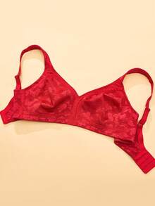 Plus Size Wireless Soft Comfortable Jacquard Full Coverage Unpadded Everyday Bra - Red - View 8