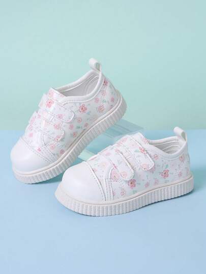 1 Pair White Casual Toddler/Baby Girl Shoes, Bohemian Random Peony Flower Pattern, Soft PU Material, Round Toe, Non-Slip Soft Sole, Dual Strap Design, Fashionable & Cute Sneakers Suitable For Daily, Vacation, School, Running