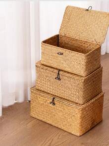 1pc Woven Storage Basket With Lid, Rectangular Wicker Storage Box, Toy Storage Box With Lid, Elegant Home Decor, Kitchen, Bathroom, Bedroom Decor, New Year & Valentine's Day Gift - Brown - View 5