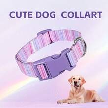 Pastel Rainbow Dog Collar - Adjustable Pink Purple Blue Stripe Pet Collar With Matching Purple Buckle & Silver D-Ring - Watercolor Puppy Neckband For Small Medium Dogs - Mixed color - View 2