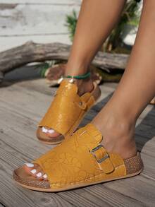 Thick Bottom Cork Slide Sandals Breathable Adjustable Buckle Non‑Slip Wear-Resistant Indoor Outdoor Slippers - Yellow - View 2