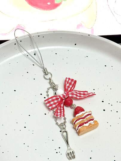 1pc Handmade Retro Strawberry Napoleon Cake With Bow Charm, Sweet Girl Style Phone Strap/Bag Pendant