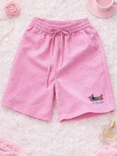 1pc Women's Casual Solid Color Shorts With Small Print Design, Summer