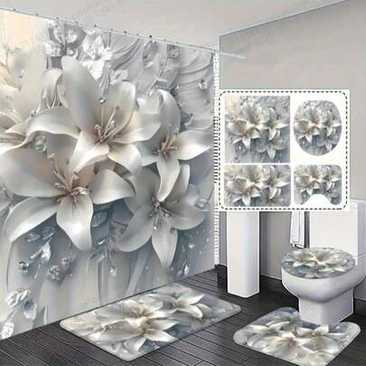 1/3/4 件套奢华优雅白色花卉浴室浴帘套装，71x71 英寸，配有 12 个 C 型挂钩，包含 3 种尺寸的浴室地垫，防滑吸水法兰绒材质，经久耐用，是家居浴室装饰的理想之选。