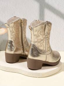 NILOSH 1 Pair Children's Embroidered PU Leather TPR Sole Mid-Calf Boots, Fashionable Spring/Autumn Style - Gold - View 5