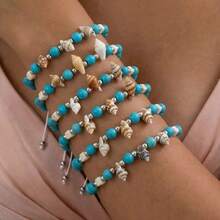 6件套波西米亚风玻璃珠手链套装，人造贝壳和绿松石可调节抽绳手链，女士沙滩派对配饰 - 藍白色 - 查看 7