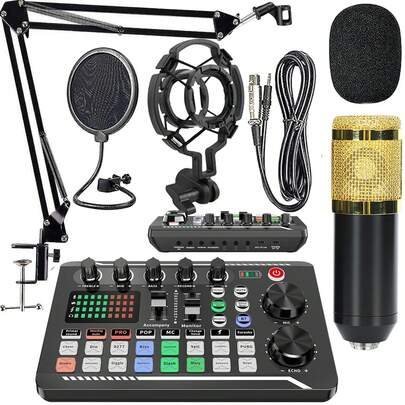 Paquete de equipo de podcast actualizado 2026, paquete de estudio de grabación con interfaz de audio profesional y micrófono de podcast para juegos, podcasting, grabación, canto, transmisión en vivo, paquete de estudio de grabación de micrófono de condensador para podcasting, transmisión en vivo, canto en PC y móvil (batería recargable de 1200mAh)