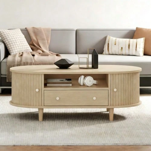 Living Room Coffee Table Measuring 100 X 50 X 36 Cm, Walnut Finish. Coffee Table With A Drawer, Sofa Table With A Roll-Up Door, Side Table, Living Room Table, Four-Legged Stand, Walnut Finish. - Apricot - View 1