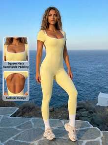 Never me Bộ jumpsuit thể thao ngắn tay hở lưng phối màu tương phản dành cho nữ, thích hợp cho chạy bộ, tập luyện, yoga. Ôm sát, co giãn, thoải mái cho mặc hàng ngày. - Màu vàng - Xem 2