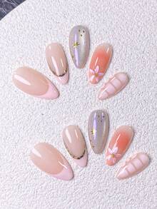 10片手工美甲贴纸，短指甲适用，假指甲，法式美甲贴片，杏仁形指甲，裸色指甲，春夏清新柔美风格，粉色法式贴片，闪亮水钻，扎染渐变，粉色五瓣花，金色珠子和星形水钻装饰，附赠美甲工具，适合女士和女孩，易于粘贴和卸除，杏仁形指甲贴纸 - 粉色 - 查看 6