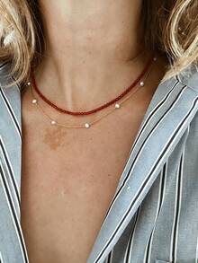 Collar de cuentas de ágata roja y piedras preciosas | Hecho a mano | Joyería única | Apilable | Un regalo para ella - Rojo - Ver 3
