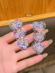 2pcs Colorful Heart-Shaped Liquid Quicksand Hair Clips, Sweet Style Suitable For Daily Use - Multicolor - View 6