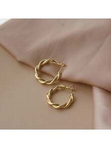 Luxury Retro Gold Twist Hoop Earrings, Unique Woven Texture Earrings, Versatile Daily Wear Earrings, Birthday Gift For Girlfriend - Gold - View 7