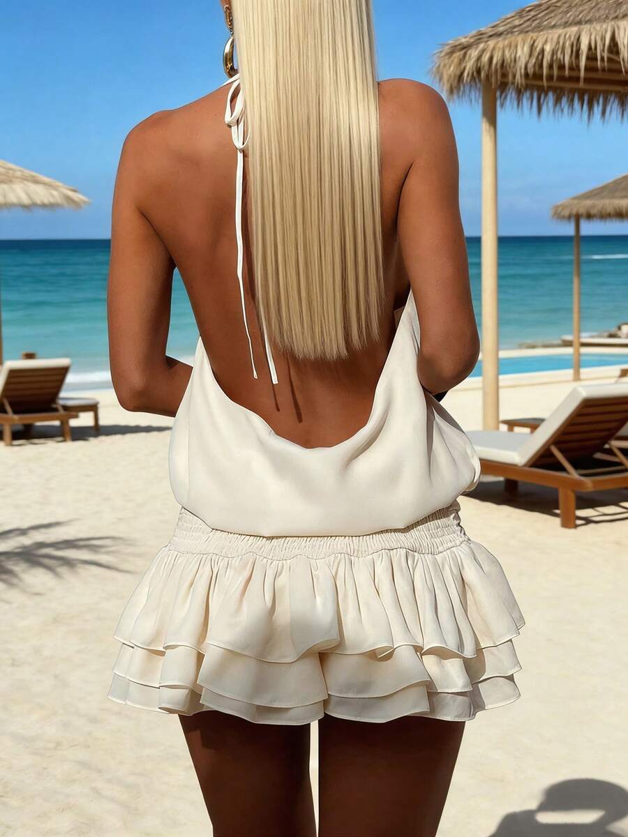 Women Y2k Halter Neck Mini Dress Sleeveless Open Back Tie Sundress Ruched Pleated Layered Ruffle A-Line Short Dress Beach Vacation Cocktail Club Party Clothes - trắng - Xem 1