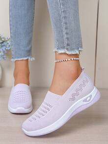 Van Skr New Spring/Summer Knitted Mesh Women Shoes, Breathable Soft Bottom Slip-On Loafers, Lightweight Comfortable Casual Sneakers - Pink - View 3