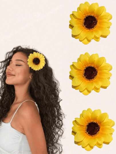 Set de 3 pinzas para el cabello con girasoles de estilo bohemio casual para vacaciones de mujer, pinzas para el cabello con girasoles falsos, pinzas laterales lindas para la playa y vacaciones con estilo Mori, pinzas para el flequillo para sesión de fotos en la playa, pinzas para el cabello de estilo Mori dulce y no dañinas para mujeres
