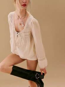 女士Y2K度假风休闲美式镂空高密度棉质蕾丝边法式系带轻薄衬衫，法式小众轻薄蕾丝拼接U领花卉边长袖独特优雅衬衫，时尚休闲纯色棉质蕾丝拼接半透明方领系带纽扣长袖上衣 - 白色 - 查看 6