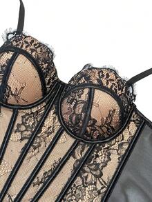 女士优雅性感花卉蕾丝边束身吊带背心 - 黑色 - 查看 5