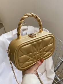 1pc Solid Color Small Bag, Gold Oval Box Bag, Embossed PU Chain Crossbody Bag, Fashion Ladies Party Clutch, Floral Pattern Personalized Women Handbag, Summer Ladies Bag, Suitable As Women Gift, Can Fit Phone, Keys, Earphones, Lipstick - Gold - View 8